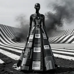 gleaming black female statue wearing haute couture gown designed by alexander mcqueen, nylon straps, black matte cobra buckles by matthew williams, bar codes and geometric patterns, a black and white strip mine is in the background, black smoke in the air, landscape, land art, beautiful award winning fashion photography