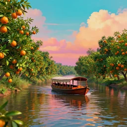 boat on a river With tangerine trees and marmalade skies, psychedelic, octane render, 4K