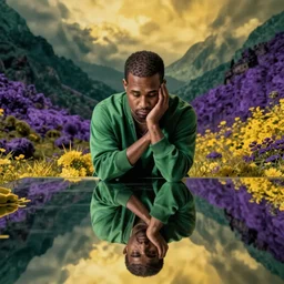 kanye west is sad by wayne barlowe green purple yellow color palette very detailed clear focus symmetrical