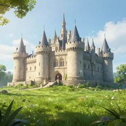 beautiful illustration of a big castle in a serene landscape, green grass, highly detailed, crystal lighting, hyperrealistic, trending on artstation, unreal engine