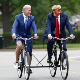 joe biden and donald trump drunkenly riding a tandem bike together, laughing and joking,