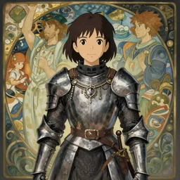 medieval warrior girl, highly detailed, ghibli, mucha, mignola, vray
