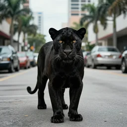 Beautiful Portrait Photograph from 1970 of black panther in the middle of a Miami FL street, cinematic