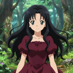 isekai enchanted forest cute bombshell anime reimu with flowing black hair, burgundy dress. green palette symmetrical face. symmetrical detailed defined eyes. beautiful lineart. bokeh pixiv # 1 ranking depth of focus, chromatic aberration, noise, soft lighting, srgb, 4 k, by rembrant kuvshinov ross tran john sargent and leyendecker