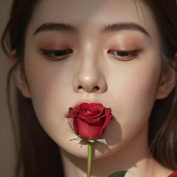 hight focus of a wonderful sweet wonderful symmetrical profile portrait of a lady with a clear skin, with a rose in the center of her lips, dramatic light, cinematic, artstation, octane render 8 k s 1