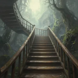 an old wood stairway, a view to an eerie fantasy world, ethereal back light, mist, coherent composition, detailed fantasy painting by artgerm, noriyoshi ohrai, yuumei, stephen bliss, unreal engine, fantasy art by greg rutkowski, loish, rhads, ferdinand knab, makoto shinkai, lois van baarle, ilya kuvshinov, rossdraws, tom bagshaw, alphonse mucha, global illumination, radiant light, detailed and intricate environment