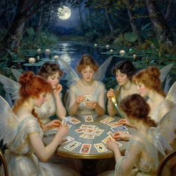 a group of gracious winged fairies playing cards on a table in an atmospheric moonlit forest next to a beautiful pond filled with water lilies, artwork by ida rentoul outhwaite, realistic female faces