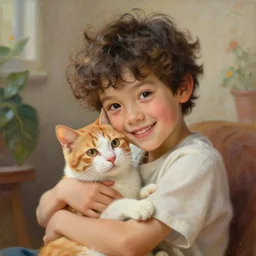 portrait of a kind happy young boy with curly hair, hugging an orange and white cat, art by loish, ross tran, ilya kuvnishov, highly detailed, painting, beautiful moment, radiant light, intricate brush strokes, global illumination, intricate and detailed environment.