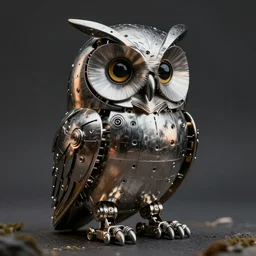 picture of an mechanical owl, she is made from stainless steel and leathwr