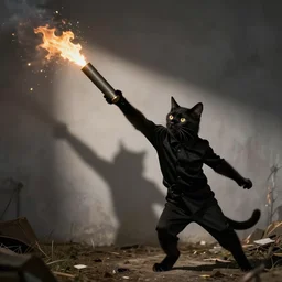 anarchist cat dressed in black throwing a molotov cocktail