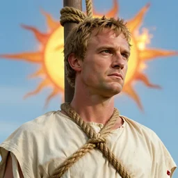 1 9 6 0 s movie still close - up of marcus atilius regulus tied with ropes at pole in direction of the burning sun with blood flowing off his eyes cinestill 8 0 0 t 3 5 mm b & w, high quality, heavy grain, high detail, texture, dramatic light, anamorphic, hyperrealistic, detailed hair