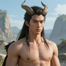 portrait of a handsome young clean - shaven warrior with horns and long hair, epic landscape, realistic anime, highly detailed, unreal engine 5, 8 k, digital fantasy illustration, art by rossdraws, sharp focus, octane render, trending on artstation,