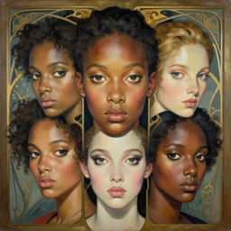 a streamline moderne, art nouveau, multi - ethnic and multi - racial portrait in the style of charlie bowater, and in the style of donato giancola, and in the style of charles dulac. clear, expressive, very large eyes. symmetry, ultrasharp focus, dramatic lighting, photorealistic digital painting, intricate, elegant, highly detailed, centered background.
