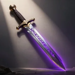 medieval broad sword, purple aura, purple inscription on blade, concept art