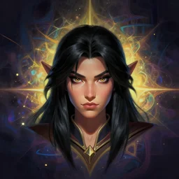 masterpiece head-on symmetrical centered painted portrait, just one head, Maya Ali as a mage, black hair, RPG character, Blizzard game concept art, pixar, dreamworks, stylized fractal background, splash comics, global illumination lighting, trending on artstation, by lois van baarle, ilya kuvshinov, rossdraws