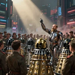 robot revolutionary speaking to a crowd of daleks amid the backdrop of a cyberpunk city in the socialist realist style of lenin speaking to the red army by isaac brodsky