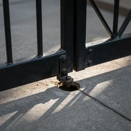 A close-up of a long sliding bolt on the bottom of a black security gate, where the bolt has been lowered, but has missed the hole in the cement
