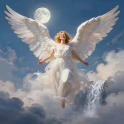 the angel of light, feathered wings, clouds, joy, a beautiful matte painting trending on artstation, single waterfall, moon by thomas moran and james gurney and thomas kincade, hyperdetailed