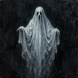a striking esoteric painting of a ghost in the rain, dark, metal, black background, occult, by Edward Leighton