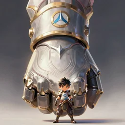 a tiny warrior kid with a massive gauntlet, smooth, intricate, elegant, digital painting, artstation, concept art, sharp focus, illustration, art by blizzard studios, overwatch character,