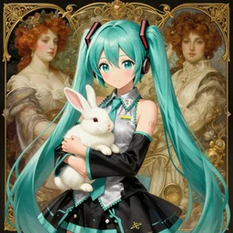 hatsune miku holding a bunny, intricate, elegant, highly detailed, digital painting, artstation, concept art, smooth, sharp focus, illustration, art by artgerm and greg rutkowski and alphonse mucha and william - adolphe bouguereau