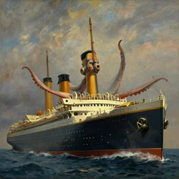 the titanic ship be taken down by a giant squid, masterpiece oil painting by theodore gericault, cinematic, surrealism