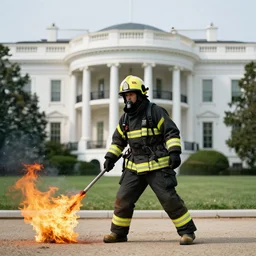 one heroic firefighter in action in black and yellow uniform, usa white house, fire flames, sharp details, sharp focus, realistic, highly detailed, illustration, by jordan grimmer and greg rutkowski and pine ( ハイネ ) and 薯 子 imoko and 香 川 悠 作 and wlop and maya takamura, intricate