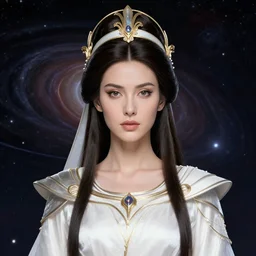 portrait of the powerful empress of the solar system in the style of anna dittmann and in the style of edmund blair leighton. glowing, ornate and intricate linework, sharp focus, depth of field, stunning, dynamic lighting, ultrafine and hyperdetailed.