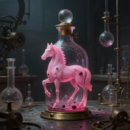 a painting of a steampunk dark pink hart shaped poisonous potion bottle in a dark dusty vintage science lab, by h. r. giger, hyperrealistic fantasy art, concept matte, ethereal, dreamy, digital art, trending on artstation, volumetric cinematic lighting