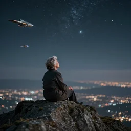 cinematic movie, background in starry sky, background blur bokeh, old lady sitting on the top of the rader peak of the three body problem watching lots of spaceship coming, 4 k, muted colours, realistic, high details, nighttime, panorama