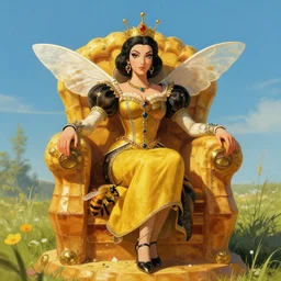 the personification of a queen bee sitting on her hive throne. art by tomasz alen kopera.