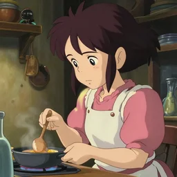 a brunnete girl with blue eyes and puffy cheeks cooks breakfast in her messy house, close up shot from the side, anime art, Greg Rutkowski, studio ghibli, dramatic lighting
