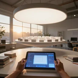 lighting by james turrell : pov candid photo of my hands at my floating futuristic ios hologram desk, clean stacks and rows of perfectly organized knolled objects during sunrise in a cozy open - air design studio by greg rutkowski, scale model floating in midair in front of me, brilliant daylight vr os ui, leica 8 k