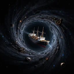 a ship traveling to the center of a black hole, celestial aesthetic, dramatic lighting, ultra - realism, dark fantasy mixed with steampunk, 8 k