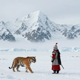 a photo - realistic arctic landscape in wide angle, majestic snow - topped mountains in the background ( all white ), a tiger and an indian warrior woman ( intricate armor in earthern red ) in the foreground, wide angle, 1 8 mm, depth of field, foggy, moody, atmospheric
