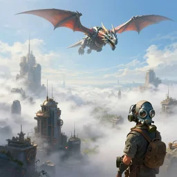 landscape painting of steampunk city with thick fog. from a distance seen a man wearing a gas mask on his face, a mechanical dragon flies in the sky. high detail, fine art, trending on artstation, smooth draw, sharp focus, volumetric lighting, digital art, bright colors, no anomalies, cool style.