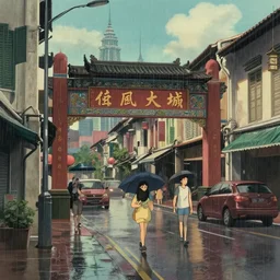 petaling street in chinatown, kuala lumpur, rainy day, matte painting, studio ghibli, artstation