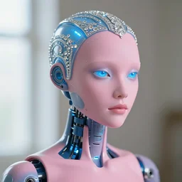 natural light, soft focus portrait of a android with soft synthetic pink skin, blue bioluminescent plastics, smooth shiny metal, elaborate diamond ornate head piece, piercings, face tattoo, skin textures, by annie liebovotz, paul lehr,