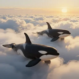 digital art painting of orcas swimming in the clouds, trending on artstation, beautiful, golden hour