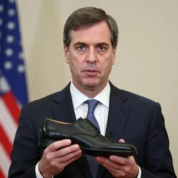 finance minister jim flaherty wearing a suit and necktie, holding a black shoe, staring intensely,