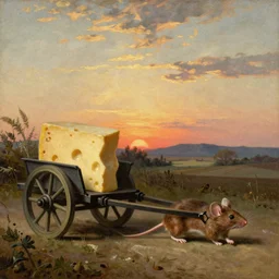 a mice pulling a cart with a large piece of cheese on it in the middle of the countryside at sunset, detailed oil painted by vermeer