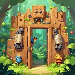 open door wood wall fortress mecha greeble block amazon jungle vanillaware official fanart behance hd artstation by jesper ejsing, by rhads, makoto shinkai and lois van baarle, ilya kuvshinov, rossdraws