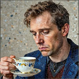 a face portrait of a sad man looking into a teacup in a mosaic by tommy ingberg