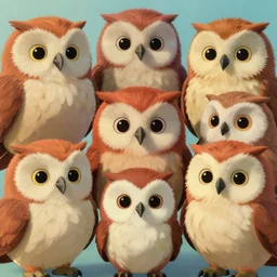 3 d octane render of a large family of anthropomorphic owlets. the owls have really detailed, fluffy feathers. wes anderson colours, studio ghibli shapes