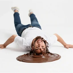 person sliding through chocolate pudding head first, slip n slide, professional photo, funny
