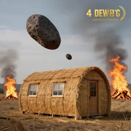 a Barndominiums house made of straw with a meteorite falling from the sky, fire in the background 4k photography award winning,