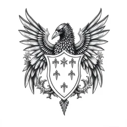 a crow knight with dragonscales, within a circle of feathered reef, attack profile angle, centered on family crest shield, coat of arms, pencil and ink, very detailed, artstation, mysterious, mythical, greek mythology, norse mythology, full frame, dramatic shading, jonathan pointer, janie penny,