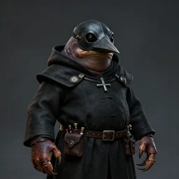 a portrait, a chubby amphibious humanoid wearing a pointy bird style black plague doctor mask, short in stature, wearing black medieval robes, medical doctor, small vials and pouches attached to belt, pointy mask, crab hands, style by donato giancola, wayne reynolds, jeff easley dramatic light, high detail, cinematic lighting, artstation, dungeons and dragons