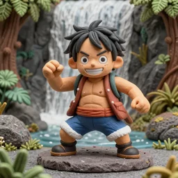 high - res photograph of a claymation sculpture action figure warrior dwarf luffy, highly detailed sculpey diorama, forest setting, waterfall backdrop, smooth, sharp foccus, commercial product photography,