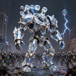 moonstone, armoured chaos golem still frame from warhammer movie, legendary magical crystal construct by wayne barlowe, crystal golem fighting vast army by jakub rozalski, metal couture moonstone lightning elemental by malczewski